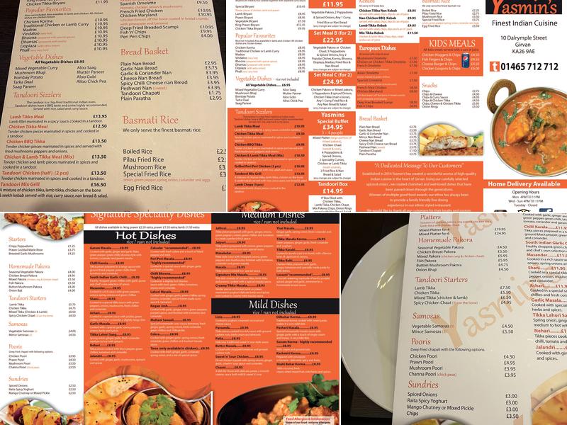 Yasmins Fine Indian Cuisine Girvan Menu