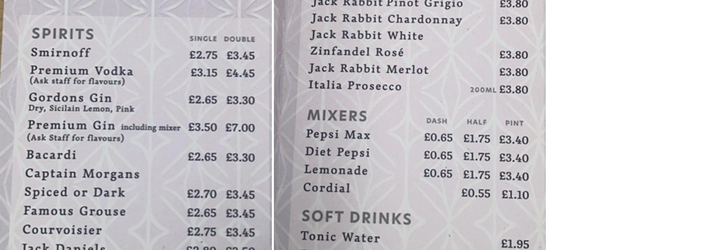 The Wheatsheaf, Tunstall Menu