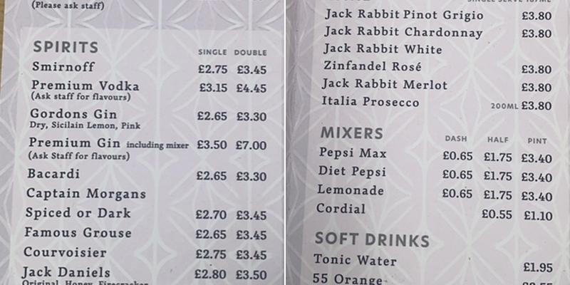 The Wheatsheaf, Tunstall Menu