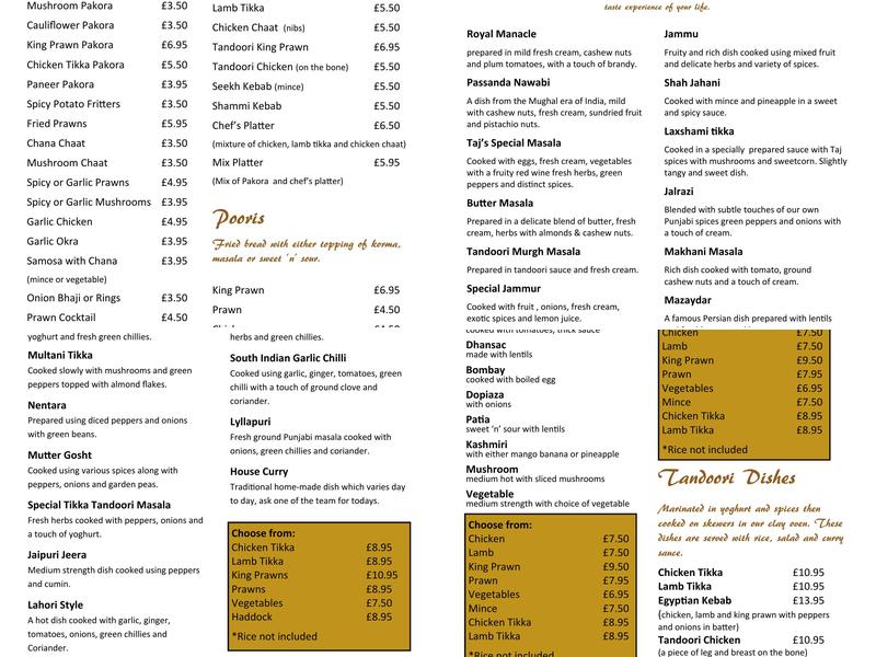 Taj Mahal Menu