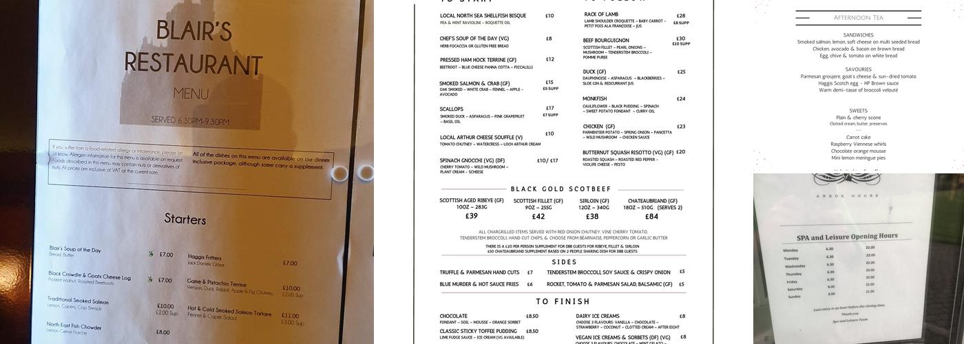 Ardoe House Hotel & Spa Menu
