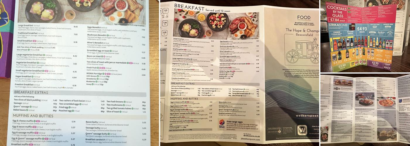 The Hope & Champion - JD Wetherspoon Menu