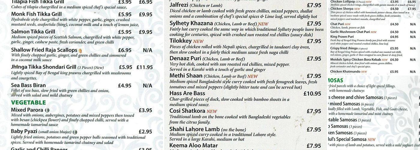 Zaika Essence of India, Hamptonwick Menu