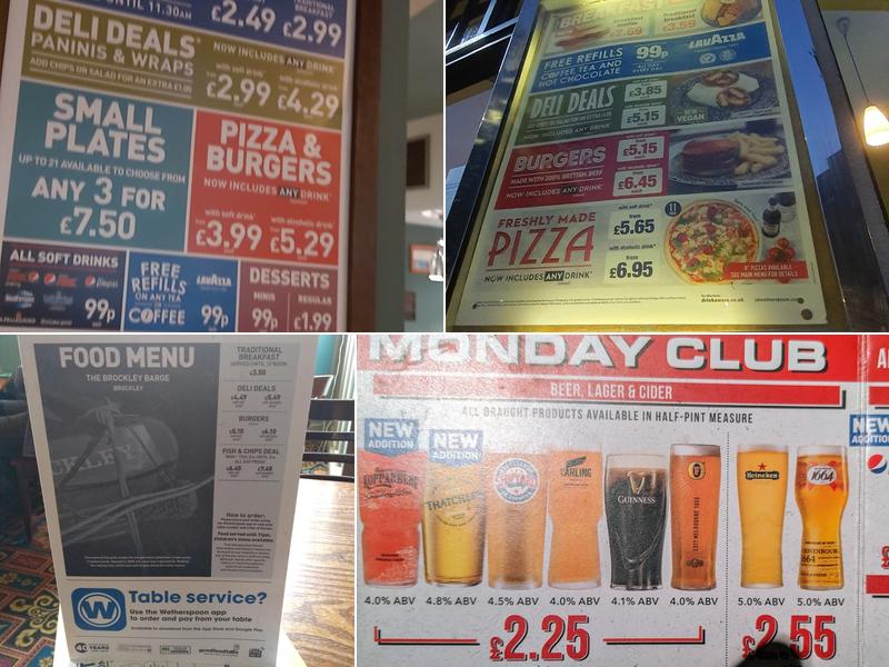 The Brockley Barge - JD Wetherspoon Menu
