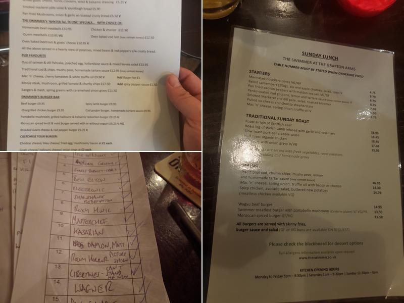 The Swimmer at the Grafton Arms Menu