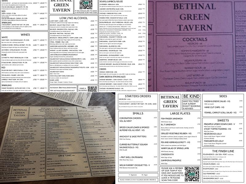 Bethnal Green Tavern Menu