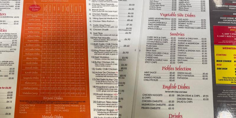 The Viking Tandoori Menu