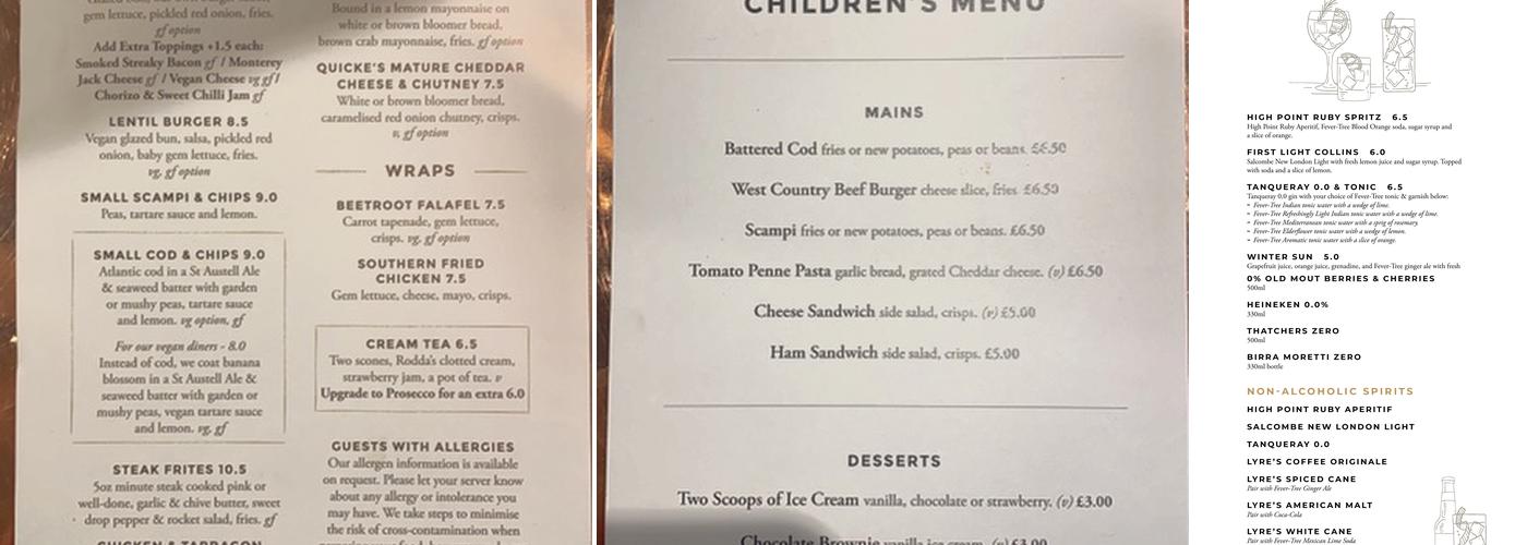 Royal Seven Stars, Totnes Menu