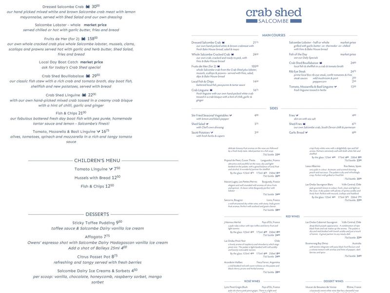 Crab Shed Salcombe Menu