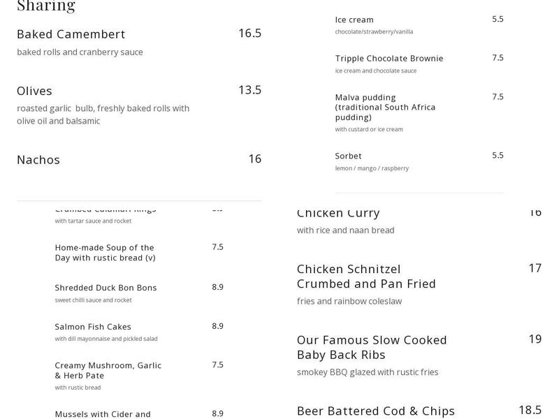 The Lion Of Beaconsfield Menu