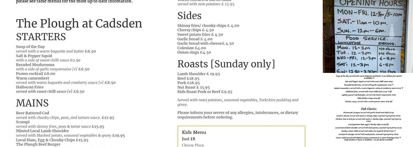 The Plough At Cadsden Menu