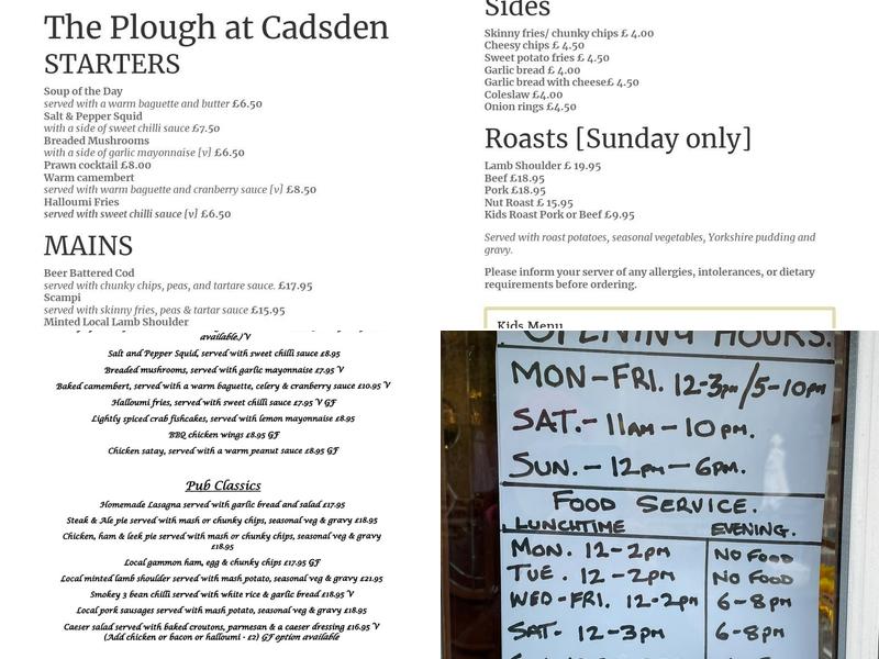 The Plough At Cadsden Menu