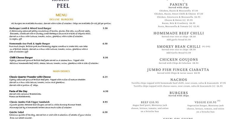 Sir Robert Peel Menu