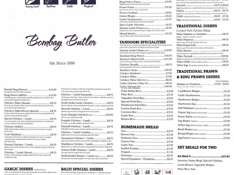 Bombay Butler Menu