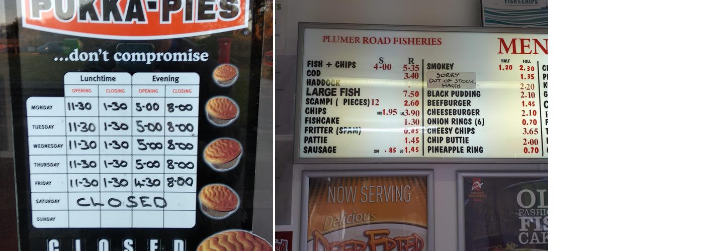 Plumer Road Fish & Chip Shop Menu