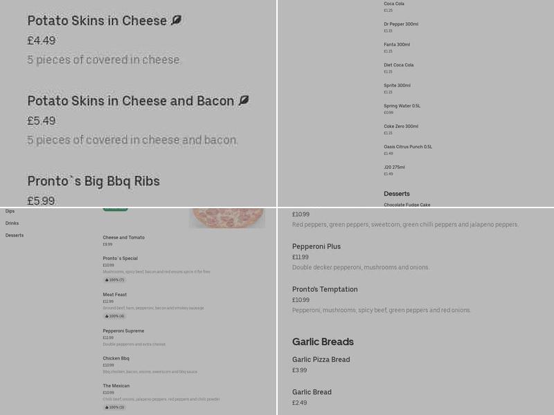 Pronto Pizza Menu