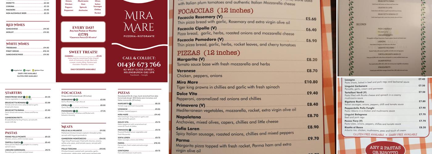 Mira Mare Pizzeria~Restaurant Menu