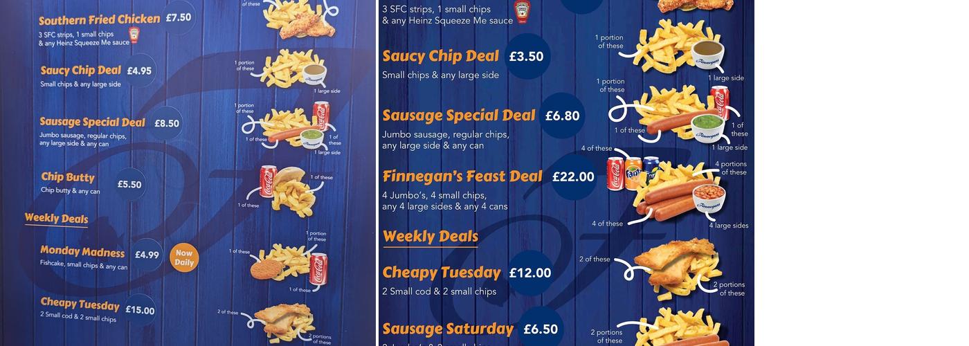 Finnegan’s Takeaway (Only) Fish & Chips Porthcawl Menu