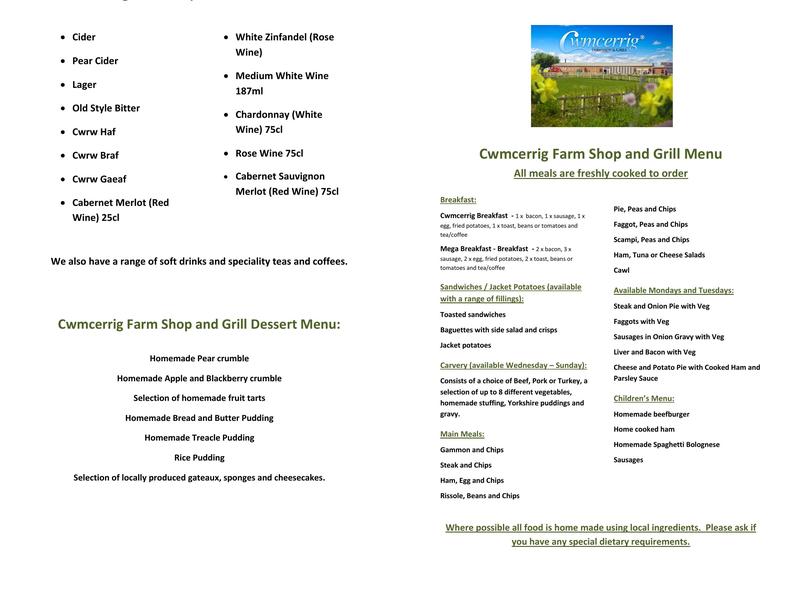 Cwmcerrig Farm Shop Menu