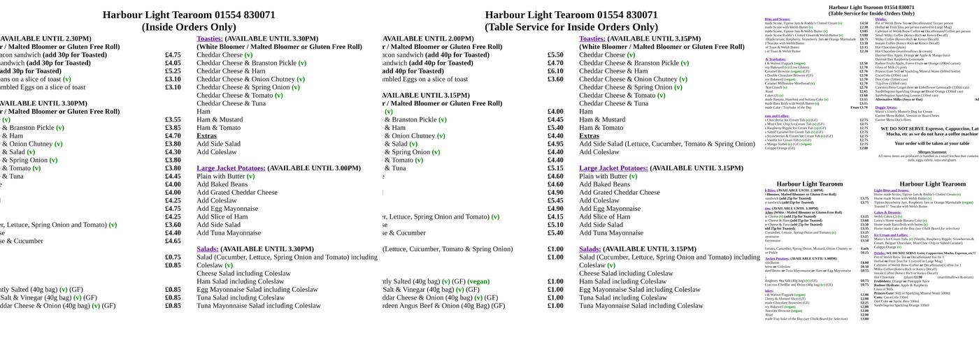 Harbour Light Tearoom Menu