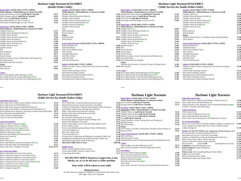 Harbour Light Tearoom Menu