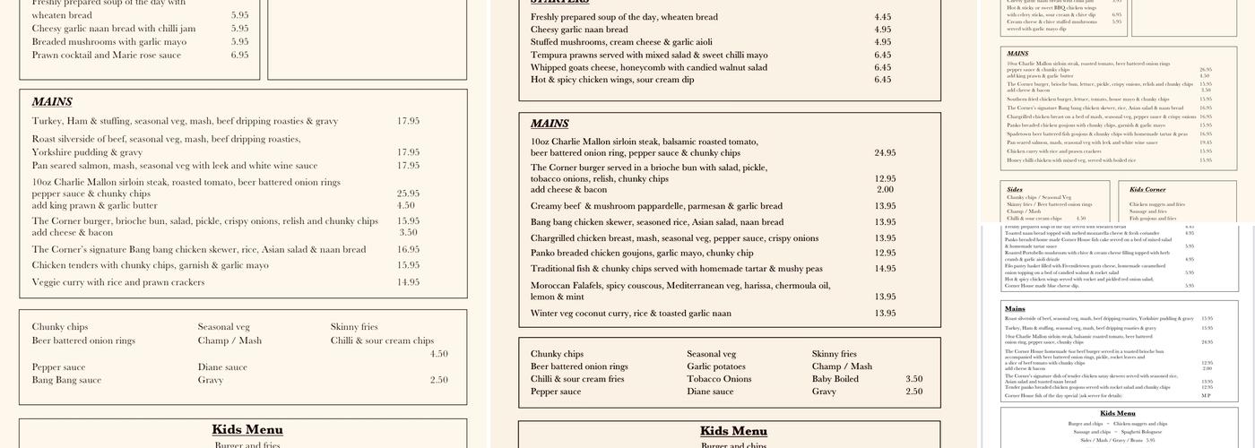 The Corner House Bar Menu