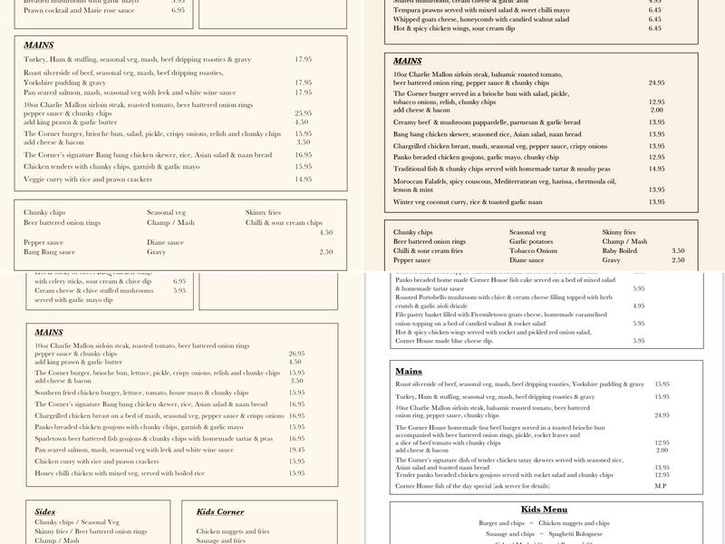 The Corner House Bar Menu