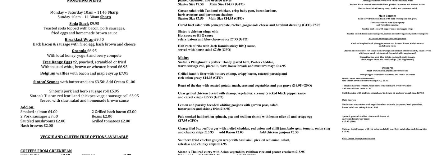 Sinton's at the Bridge Menu