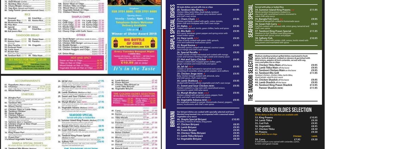 Shapla Indian Restaurant Menu