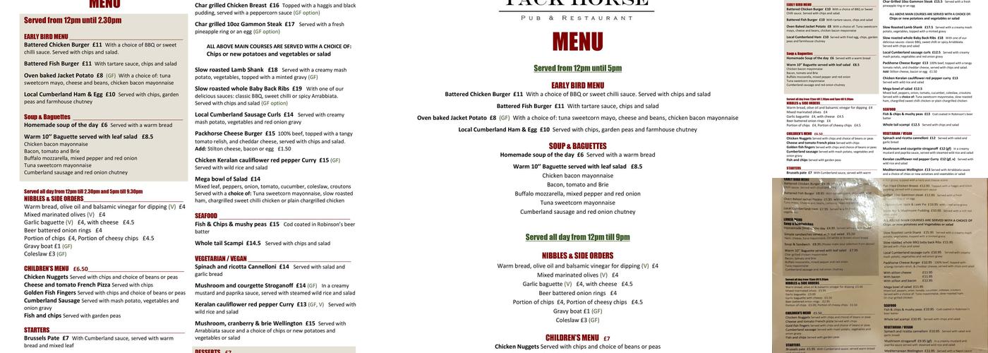 Pack Horse Inn Menu
