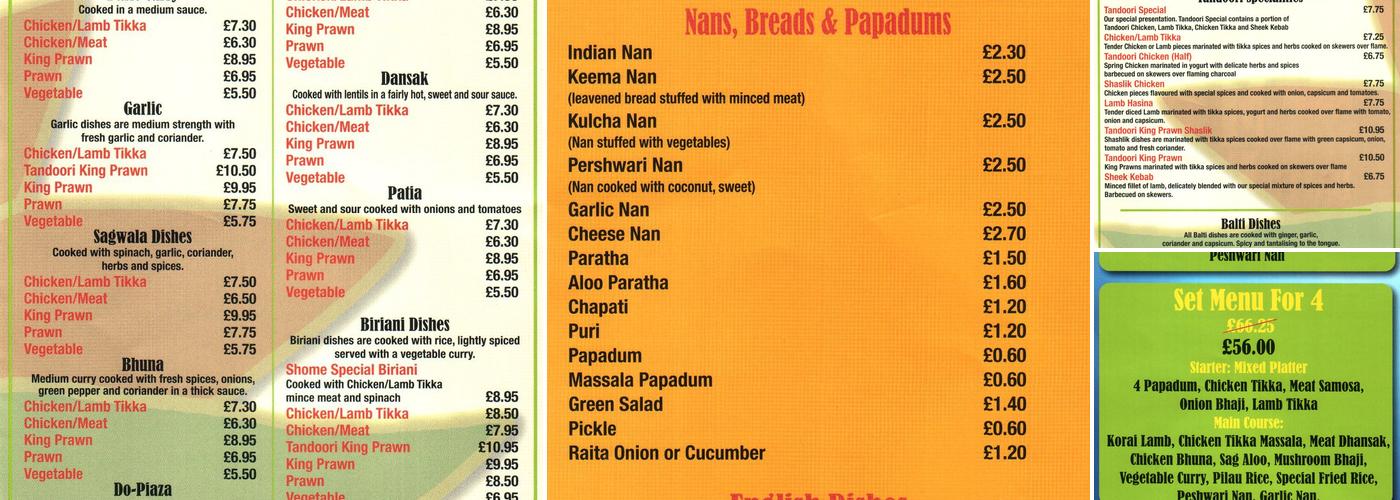 Shoeme Balti House Menu