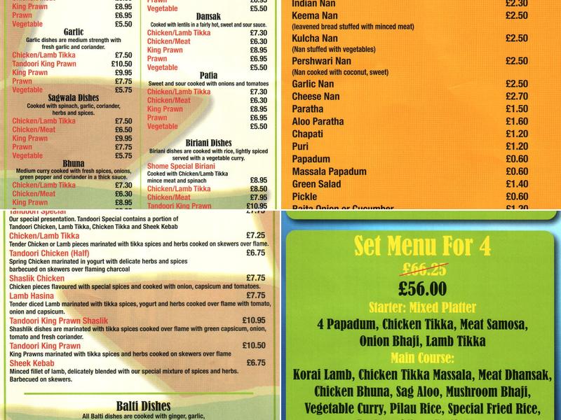 Shoeme Balti House Menu