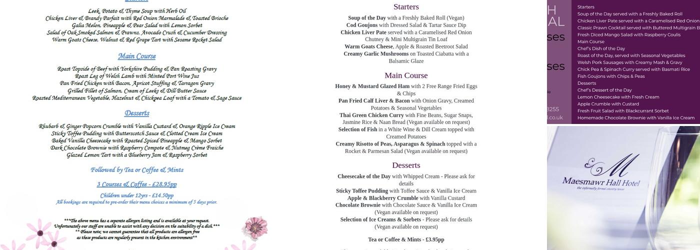 Maesmawr Hall Hotel Menu