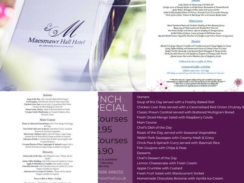 Maesmawr Hall Hotel Menu
