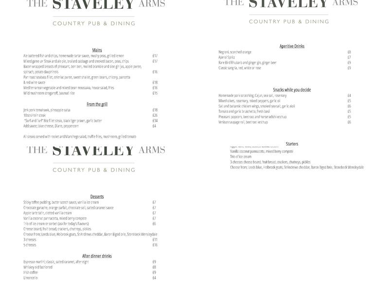The Staveley Arms Menu