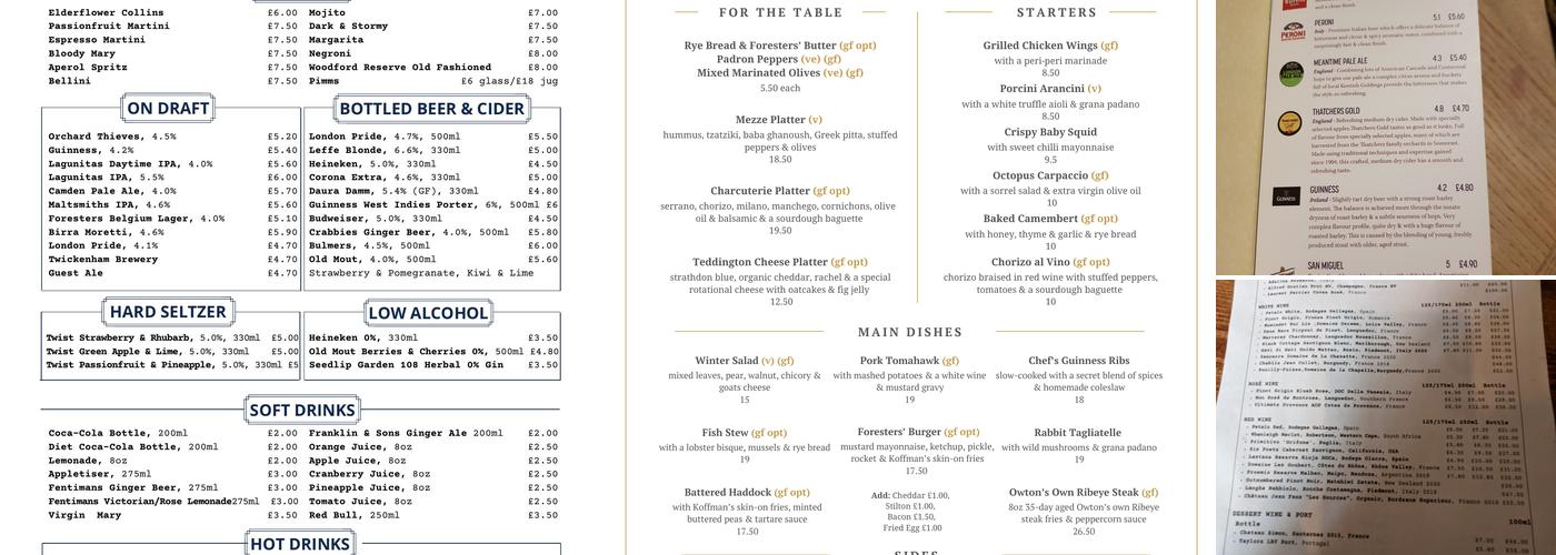 The Foresters Arms Menu