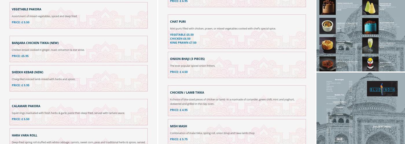 Blue India Menu