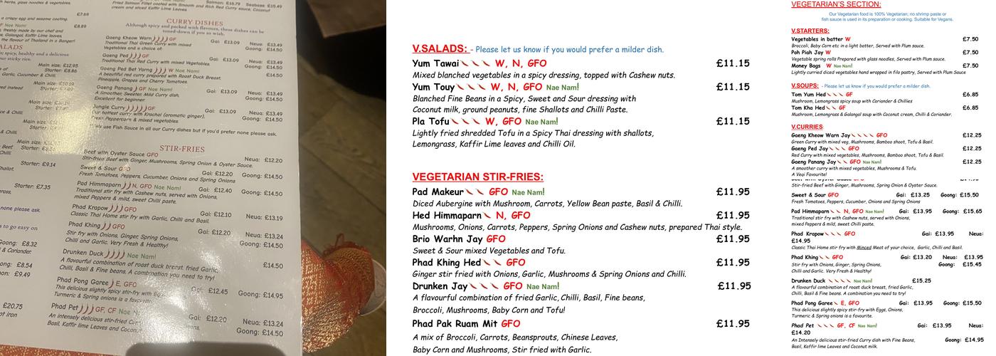 Doi Intanon, Thai Restaurant Menu