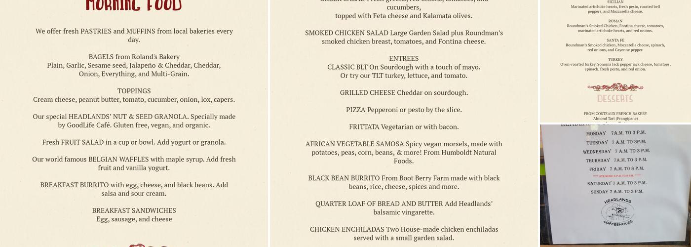 Headlands Coffeehouse Menu
