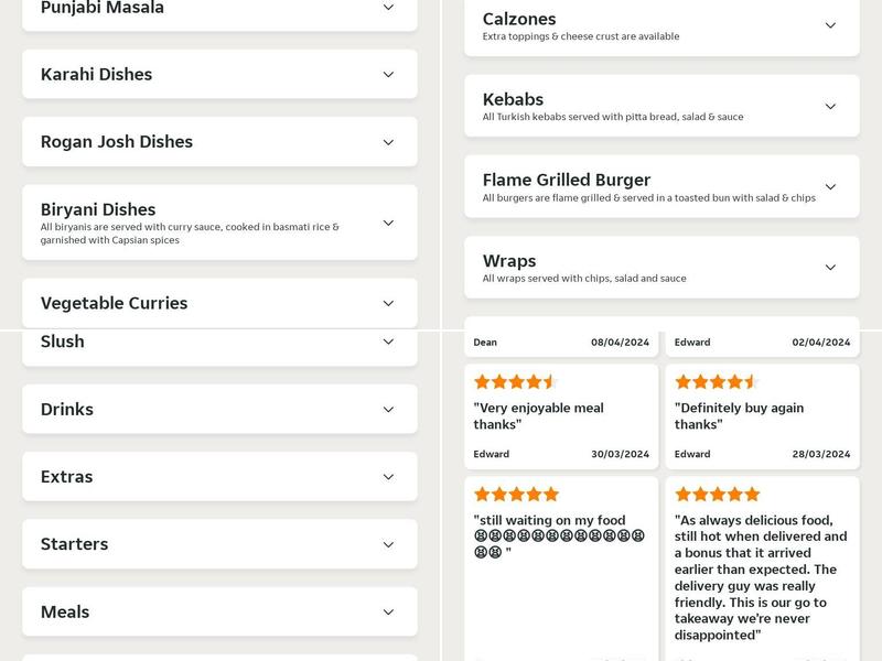 Caspian Fast Food Takeaway Menu