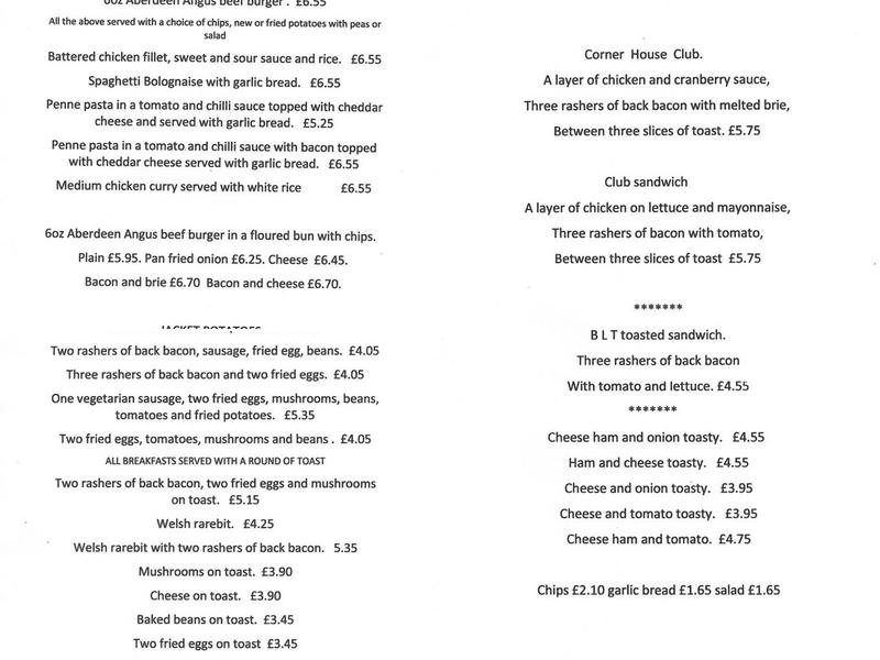 The Corner House Menu