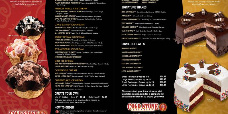 Cold Stone Creamery Menu