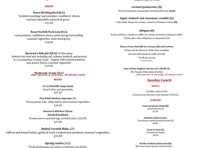 The Saracens Head Menu