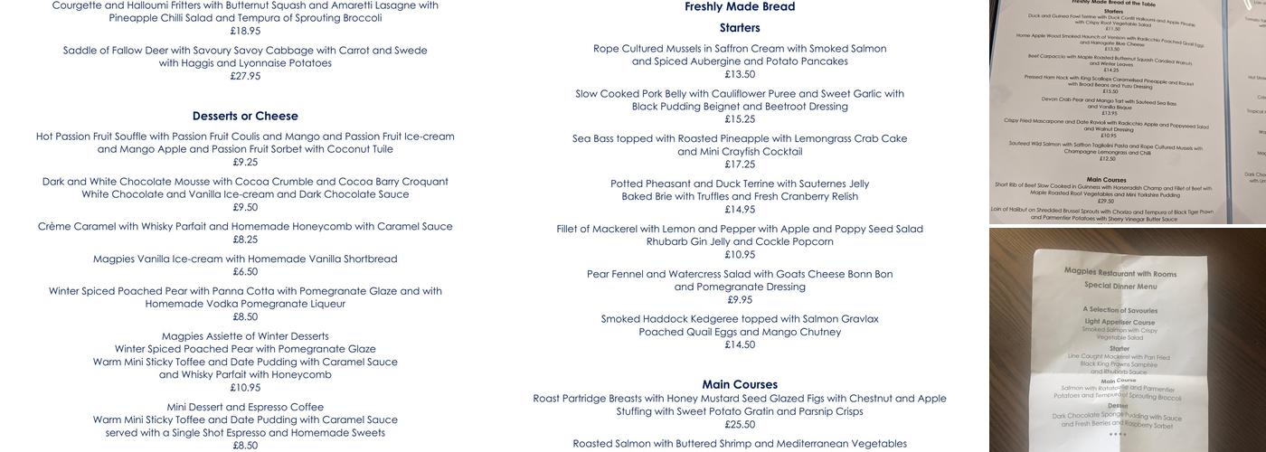 Magpies Restaurant with Rooms Menu