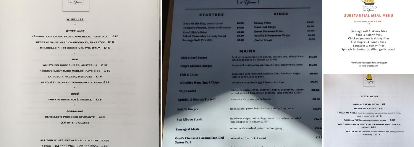 The Ship at Upavon Menu