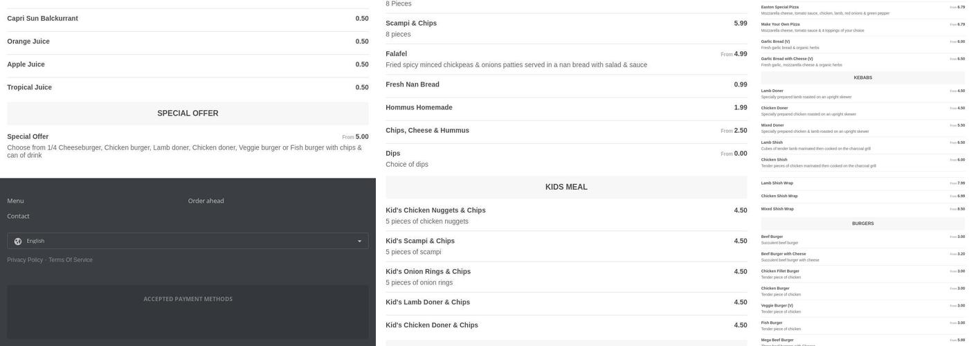 Easton Takeaway Menu