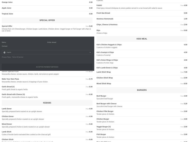 Easton Takeaway Menu