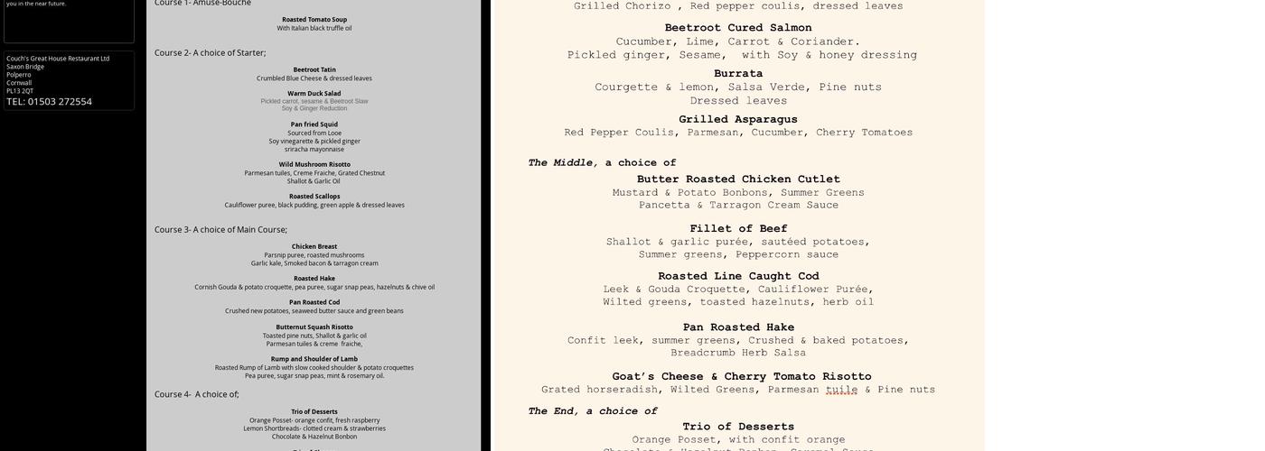 Couch's Great House Menu
