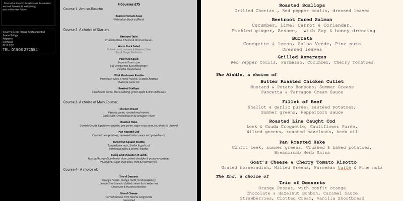 Couch's Great House Menu