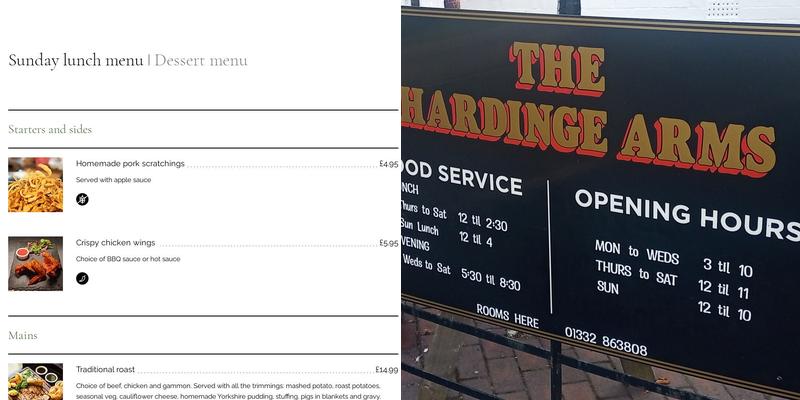 The Hardinge Arms Menu
